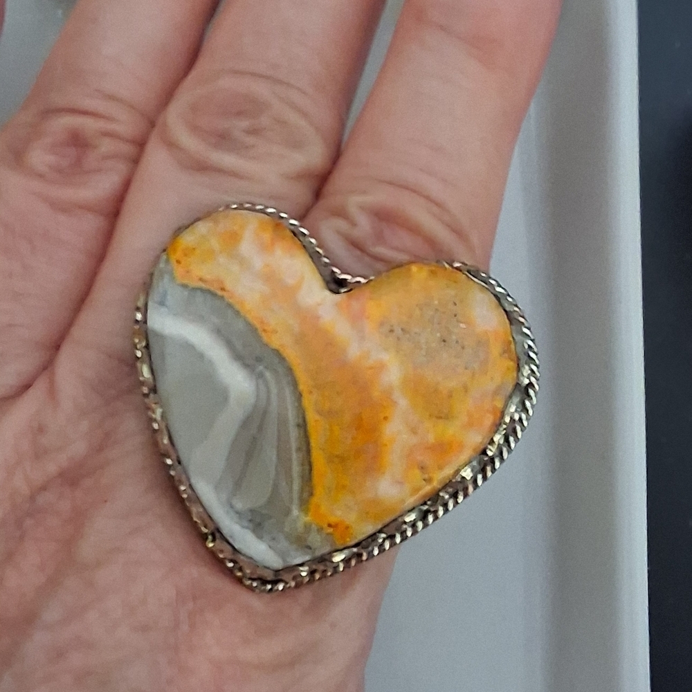 YELLOW JASPER HEART RING TIBETAN SILVER ADJUSTABLE 8-10